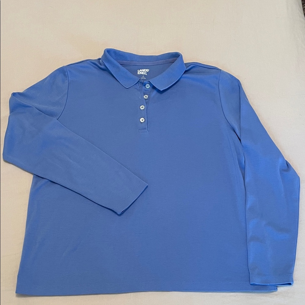 Lands' End Classic Blue Long Sleeve Polo SzL Classic Casual Uniform 90s Prep